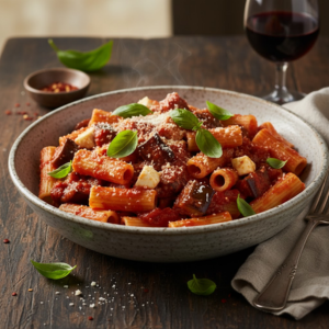 Pasta con Salsa de Tomate y Berenjena (Plato Vegano Fácil y Sabroso)